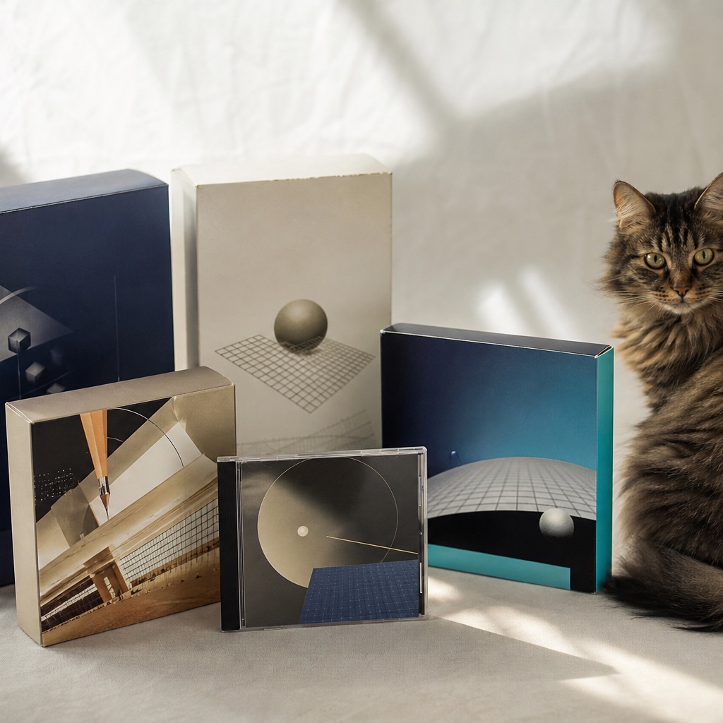 Unbranded 1990s software boxes and a CD jewel case on cream paper under soft window light